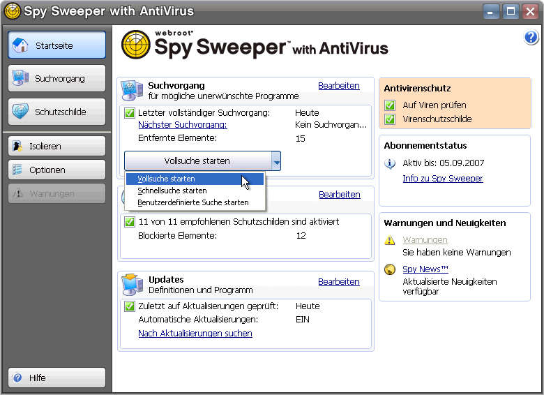 Screenshot vom Programm: Webroot Spy Sweeper with AntiVirus