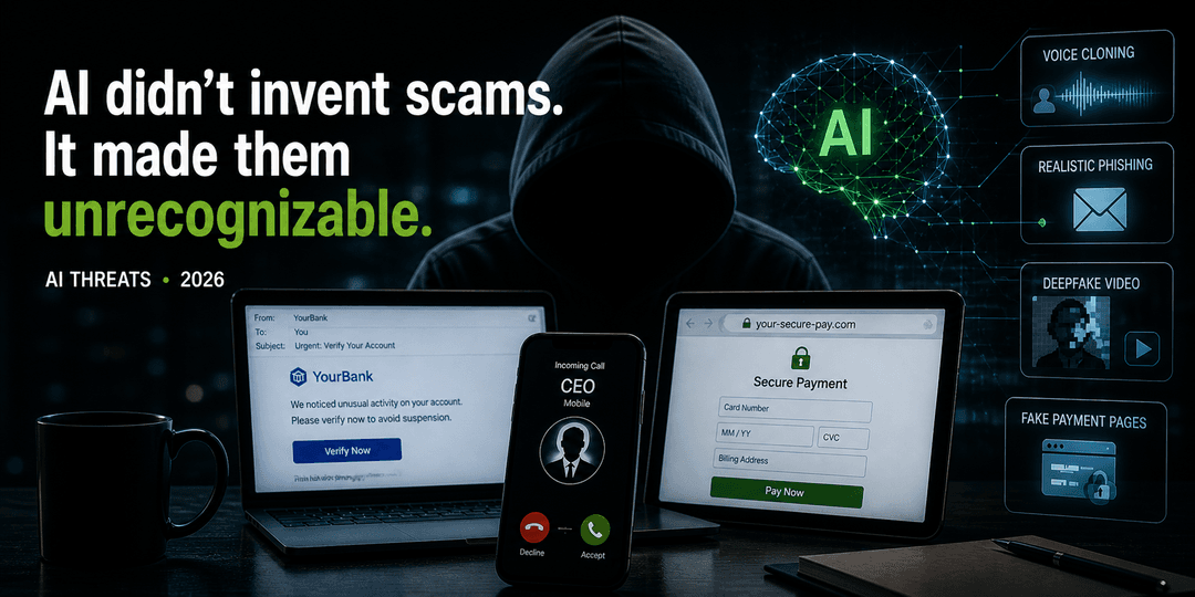 Color photo illustration of shadowy hacker using AI to create online scams.