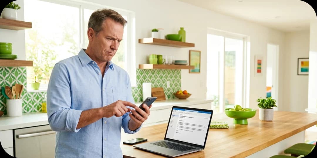 Man views mobile phone with a perturbed look on his face.