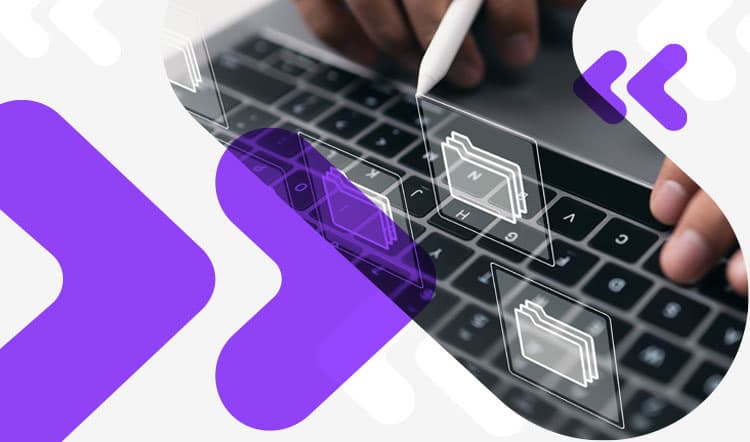 Arrows and files floating over a keyboard.
