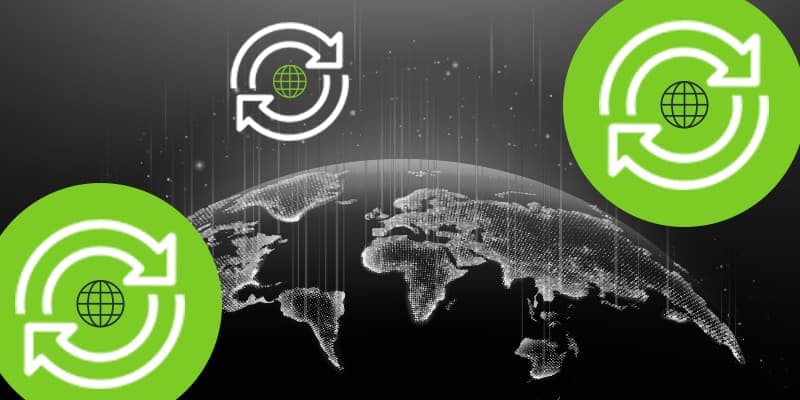 Global data backup concept with sync icons over a digital world map, symbolizing secure cloud storage.